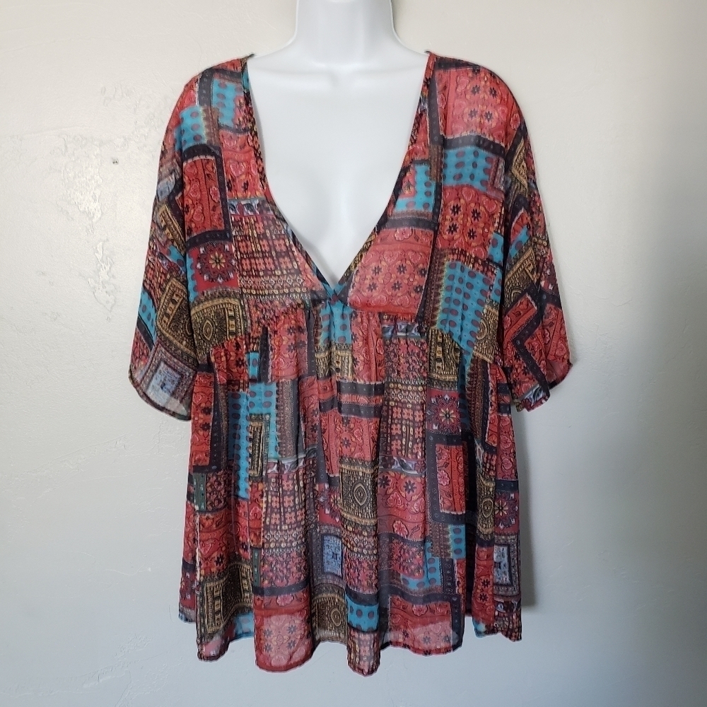 Rokoko Women's Large Patchwork Chiffon Short Sleeve Blouse V-neck Red Blue Top